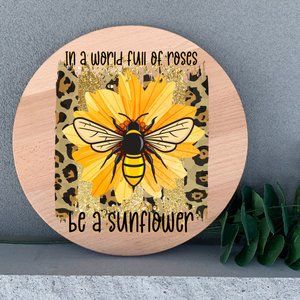 Sunflower Fall Wall Decor Handmade 12" Thin Birch Round Spell Out